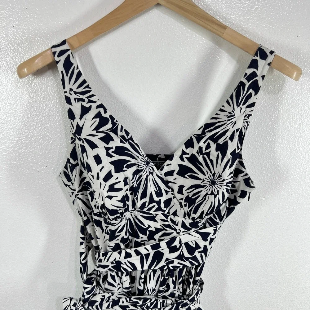 American Living Navy White Floral Fit &‎ Flare Dress Belted Sleeveless Size 10